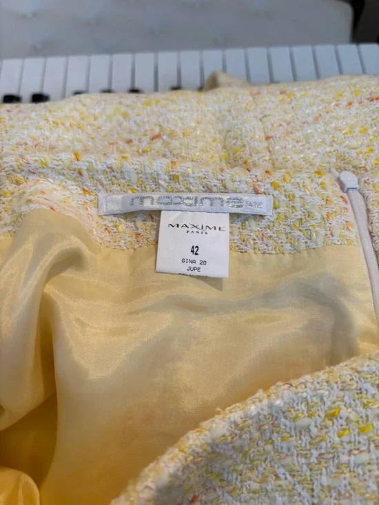 Maxime Pastel Yellow Tweed Skirt Set with Orange Accents - Picture 10 of 14